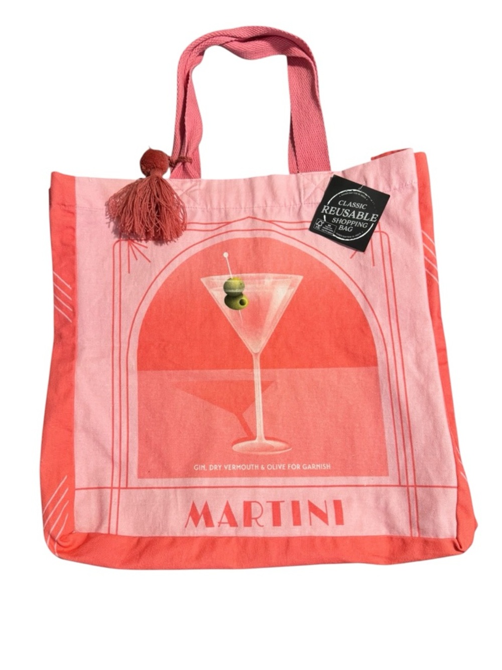 New Martini Graphic Canvas Reusable Shopping Bag Pink Coral Tote with Tassel